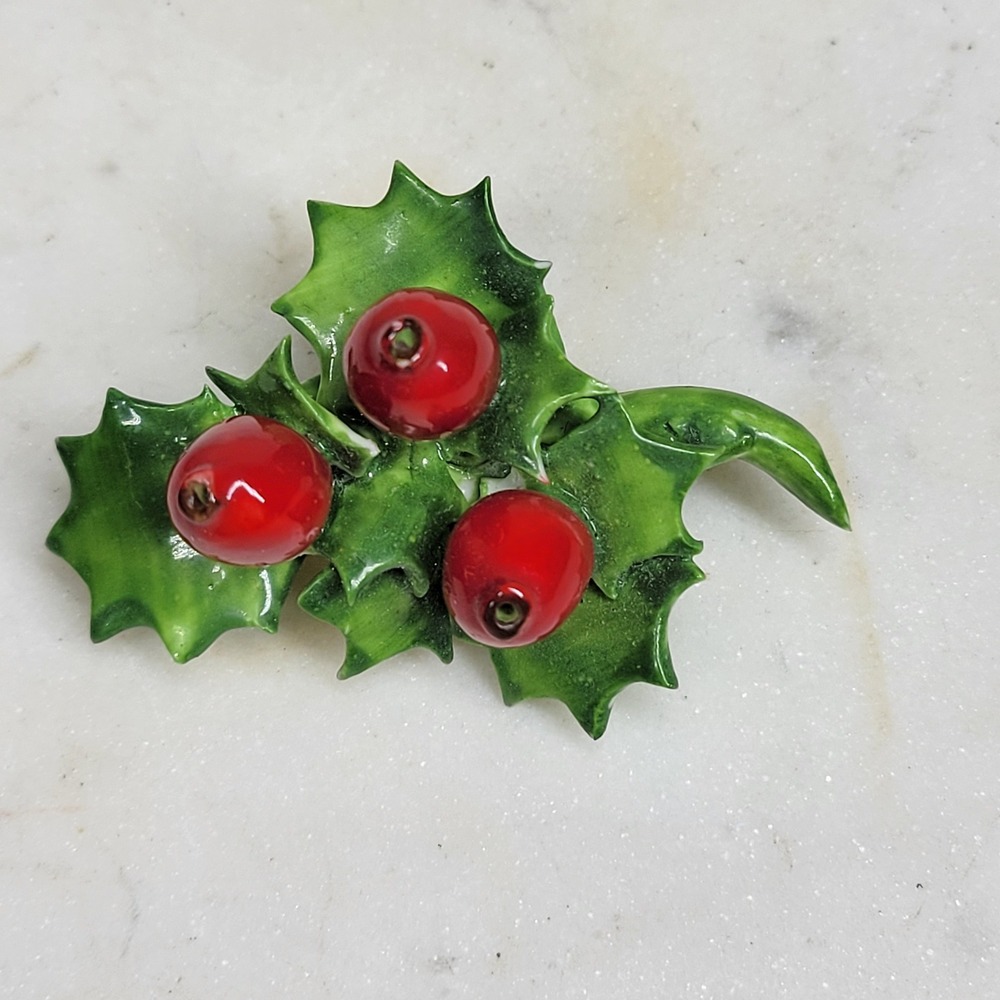 Cara China Holly Berry Brooch Pin Staffordshire England Hand Painted Vintage
